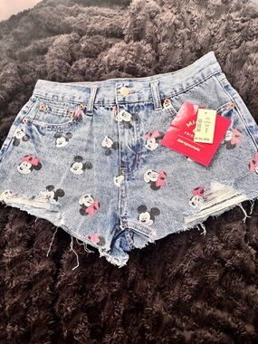 Aeropostale Light Blue Denim Mickey & Minnie Print Cutoff Shorts